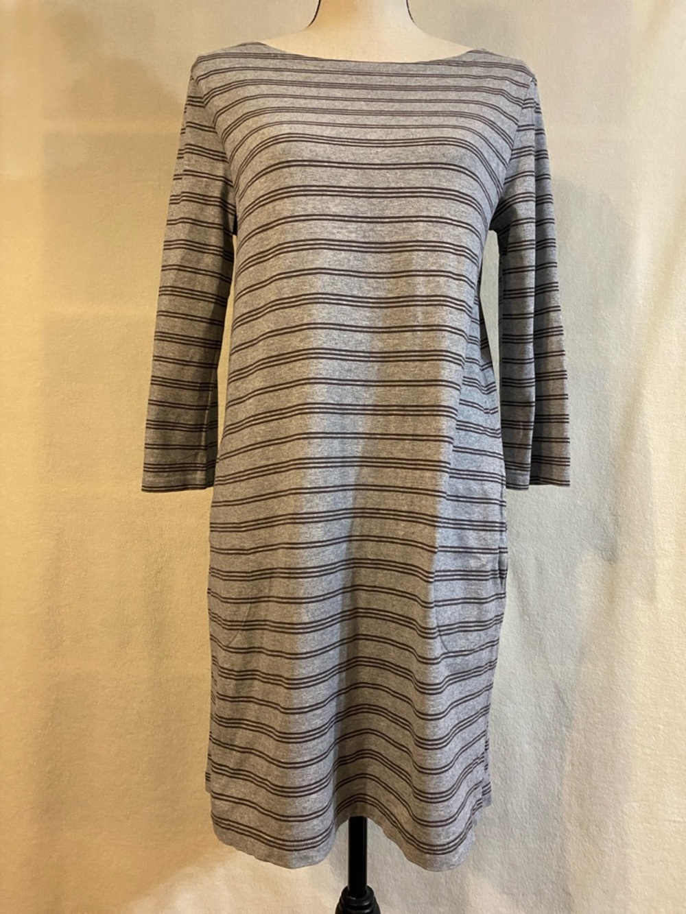 Garnet Hill grey brown striped organic cotton boatneck knit dress